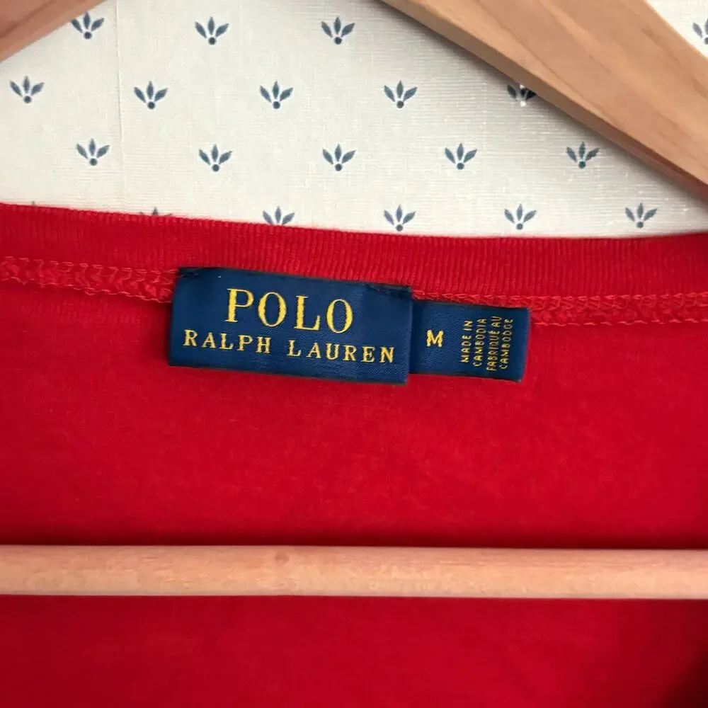 Polo Ralph Lauren Vintage V Neck Tee M Red Top Womens Shirt 90s Y2K Prep